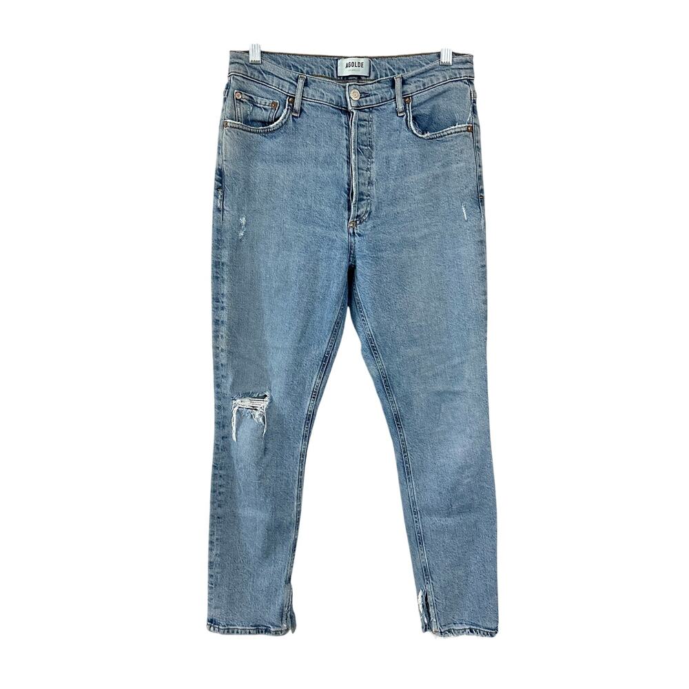 AGOLDE Nico High Rise Slim Fit Blue Stretch Button Fly Raw Hem Size 29